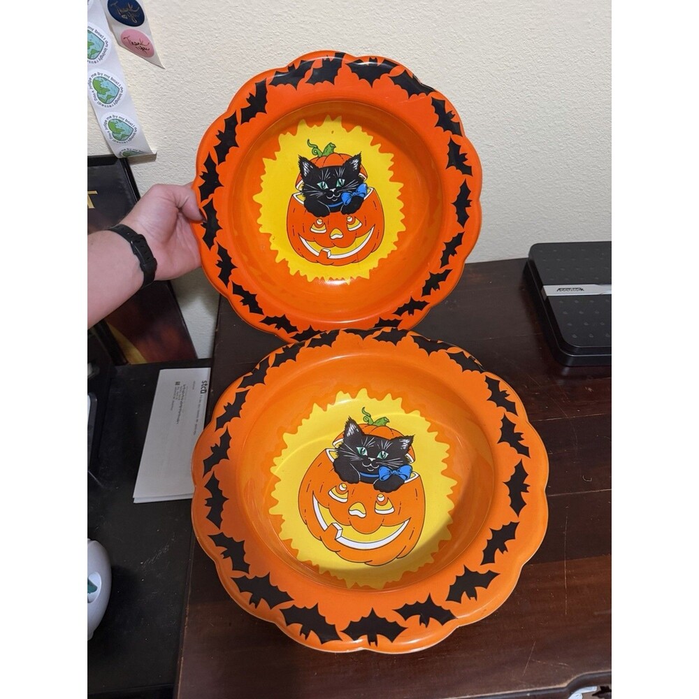 Vintage Berman Industries Halloween Candy Bowl Dish Black Cat Pumpkin Bats X 2